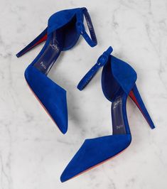 Astrida Bride 100 suede pumps in blue - Christian Louboutin | Mytheresa Luxury Blue Ankle Strap Heels, Blue Suede Heels With Sculpted Heel, Designer Suede Heels With Heel Strap, Louboutin Online, Gold Pumps, Black Suede Pumps, Blue Pumps, Christian Louboutin Women, White Pumps