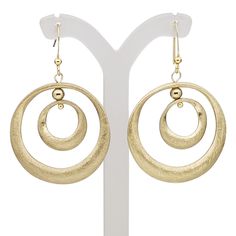 Ready-to-wear earrings feature a scratched double open circle design with gold-finished brass and steel construction. Earnuts included. Nickel-free Gold Open Circle Earrings, Gold Nickel-free Open Circle Earrings, Gold Open Circle Nickel-free Earrings, Adjustable Gold Jewelry With Fish Hook, Nickel-free Metal Earrings With Open Circle Design, Nickel Free Open Circle Metal Earrings, Nickel-free Metal Open Circle Earrings, Nickel-free Open Circle Metal Earrings, Circle Design