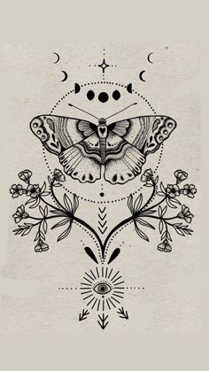 a black and white drawing of a moth on a beige background with stars, flowers and arrows