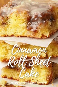 cinnamon roll sheet cake stacked on top of each other with the words cinnamon roll sheet cake above it