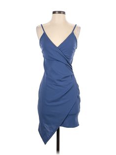 Unbranded Cocktail Dress Size: X-Small Blue Dresses - used. 95% POLYESTER, 5% SPANDEX, Wrap, V-Neck, Solid, Short, Sleeveless | Cocktail Dress - Wrap: Blue Solid Dresses - Used - Size X-Small Blue Surplice Neckline Dress For Date Night, Blue Surplice Neckline Dress For Day Out, Chic Blue Mini Dress With Surplice Neckline, Blue Fitted Mini Dress With Surplice Neckline, Blue V-neck Cocktail Dress For Summer, Blue Fitted Knee-length Wrap Dress, Casual Blue Knee-length Wrap Dress, Blue V-neck Mini Dress For Club, Purple Cocktail Mini Dress Knee-length