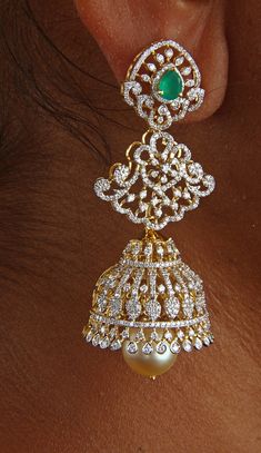 18 karat gold '4 in 1' detachable diamond jhumkas - diamond dangle earrings with color stones & south sea pearls
  width of the jhumka : 0.95 inches
  this product has inter changeable stones in the earrings
  
  note: only the front side has diamonds as shown in the picture, the back part of the jhumka which is not visible from the front is only gold without diamonds  


enhance your beauty with 18 karat gold '4 in 1' detachable diamond jhumkas    indulge in luxury with our exquisite 18 karat g Diamond Studs With Drops, Diamond Buttalu, Gold Arm Cuff, Diamond Jhumkas, Toes Ring Silver, 22k Gold Bangles, Baby Gold Rings, Temple Jewellery Earrings, 22k Gold Earrings