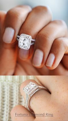 a woman's hand holding an engagement ring and another photo of her wedding band