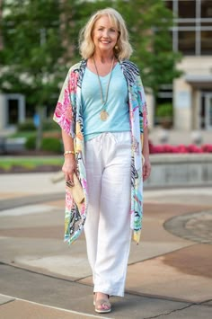 Summer Kimono Outfit 2023, Over 50 Beach Vacation Outfits, Ruana Outfit, Summer Outfits Over 50 Casual, Casual V-neck Kimono For Beach, Chic V-neck Kimono For The Beach, Chic Spring Kimono For Beach Cover-up, Summer Beach Kimono With 3/4 Sleeves