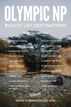 the olympic national park bucket list is shown in this graphic style, with an image of a tree on top