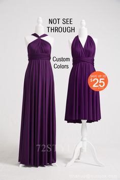 two dresses on mannequins, one in purple and the other in white