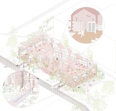 an architectural drawing of a house with pink walls and floors, surrounded by greenery