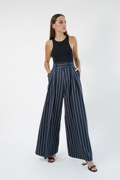 Striped high-waisted pleated palazzo pants IPANTS with back vents. They fit perfectly different body shapes and heights and visualize our unusual vision on basic pants. With this model you can create an incredibly stylish comfy everyday city look. They are perfect with almost everything, cropped t-shirt to the blouse, cardigans, flat shoes, sneakers or heels you'll find them so easy to wear. * Two side and back pockets * Zip on the middle Very high quality of tailoring and materials! Sizes avail Fitted Wide Leg Summer Culottes, Fitted Wide-leg Summer Culottes, Chic Fitted Culottes, Fitted Culottes For Workwear, Women Dress Pants, Plus Size Wide Leg Pants, Striped Palazzo Pants, Striped Wide Leg Trousers, Womens Palazzo Pants