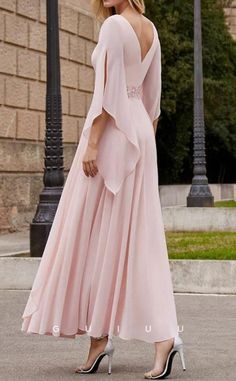 GM070 - A-Line Ankle Length 34 Length Sleeves Chiffon Mother of the Br – GUIUU Pink Long Sleeve Chiffon Midi Dress, Pink Long Sleeve Chiffon Maxi Dress, Elegant Long Sleeve Chiffon V-neck Dress, Pink Floor-length Dresses With Draped Sleeves, Pink Floor-length Dress With Draped Sleeves, Homecoming Dresses Bodycon, Simple Prom Dress Long, Classic Prom Dress, Illusion Wedding Dress