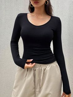 Women's Deep V-Neck Fleece Lined Slim Fit T-Shirt , Black Long Sleeve Black Casual  Long Sleeve Polyester Plain  Medium Stretch  Women Clothing, size features are:Bust: ,Length: ,Sleeve Length: Black Long Sleeve Shirt, Black Long Sleeve Top, Basic Long Sleeve, Ribbed Knit Sweater, Hair Clothes, Casual Sweaters, Black Long Sleeve, Outerwear Women, Sport Outfits