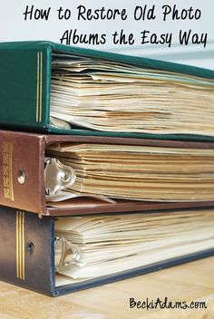 three books stacked on top of each other with the title how to restore old photo albums the easy way