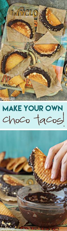 someone is making homemade chocolate tarts with their hands and the words make your own choco - tacos