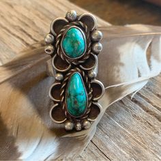 A Beautiful Vintage Navajo Piece In Great Condition. Unmarked. Sterling Silver. Size 6.25. 1.5” Long, .75” At Widest Point. Old Pawn Turquoise Jewelry, Ring Color, Vintage Navajo, Jewelry Vintage, Turquoise Jewelry, Womens Jewelry Rings, Blue And Silver, Turquoise Ring, Sterling Silver Jewelry