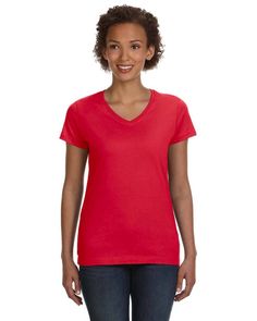 Ladies' V-Neck Fine Jersey T-Shirt - RED - XS | LAT Women's V-Neck Fine Jersey T-Shirt in Red Size XS | Cotton Work Wear Women, Lady V, Woven Dress, Zip Sweatshirt, V Neck Tee, V Neck Tops, Denver, Heather Grey, Shirts Tops