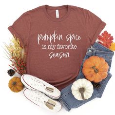 Fall is pumpkin spice latte season and we know there are some die hard PSL fans. The 'pumpkin spice is my favorite season' t-shirt is for women and teens who love a good pumpkin spice latte from Starbucks and are ready to conquer their day. This comfortable graphic tee is from Bella + Canvas. #pumpkinspice #teenfashionoutfits #fallfashion Fall Season Everyday Shirt, Graphic Tee For Fall, Basic Fall Tops With Text Print, Comfortable Graphic Tee For Fall, Basic Graphic Print T-shirt For Fall, Basic Fall T-shirt With Graphic Print, Soft-washed Comfort Fit T-shirt For Fall, Tri-blend Graphic Tee For Fall, Soft-washed Comfortable T-shirt For Fall