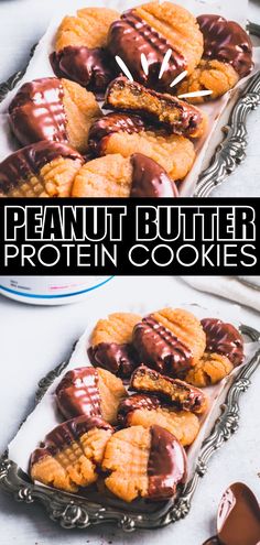 peanut butter protein cookies with chocolate drizzled on top and in the middle