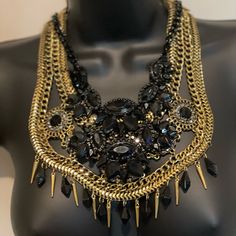 Brand New, Never Worn! Epic Piece That Really Makes A Bold Statement Edgy Handmade Necklaces For Party, Edgy Handmade Jewelry For Parties, Handmade Edgy Jewelry For Party, Edgy Black Beaded Jewelry, Edgy Gold Jewelry For Party, Black Edgy Jewelry For Party, Edgy Black Jewelry For Party, Black Jeweled Necklace For Evening, Bohemian Black Chain Jewelry