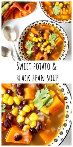 sweet potato and black bean soup in two bowls