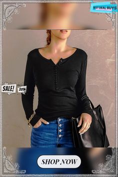 Button Fashion Long Sleeve Pullover Casual T-shirt Women's Top Casual Solid Henley With Buttons, Solid Color Button-up Tops For Everyday, Everyday Solid Color Button-up Top, Henley Neckline Button T-shirt For Spring, Henley Neckline Buttoned T-shirt For Spring, Casual Henley Neckline T-shirt With Buttons, Casual Henley T-shirt With Buttons, Spring Henley Neckline Top With Buttons, Black T-shirt With Button Closure For Spring