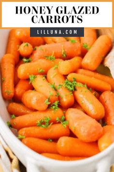 honey glazed carrots in a white bowl with parsley on top and text overlay