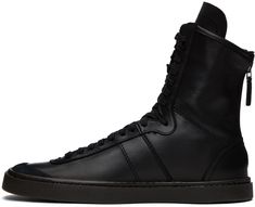 High-top grained leather sneakers in black. · Suede trim at square toe · Lace-up closure · Zip closure at heel · Treaded rubber sole Supplier color: Black Black Leather High-top Sneakers With Rubber Sole, Black Nylon Lace-up High-top Sneakers, Black Lace-up High-top Sneakers With Textured Sole, Black Luxury Lace-up High-top Sneakers, Black Leather High-top Sneakers With Textured Sole, Luxury Streetwear, Leather Sneakers, High Tops, High Top Sneakers