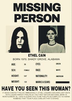 the missing person poster is shown with two women in black and white, one woman's face