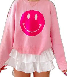 Winkin n Pinkin Smiley Face Sweater | Sassy Shortcake | sassyshortcake.com Hot Pink Smiley Face, Smiley Sweater, Sassy Shortcake, Pink Smiley Face, Light Pink Sweater, Pink Smiley, Light Pink Sweaters, Smiley Face, Pink Sweater