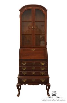 an old wooden bureau with glass doors and drawers on it's sides, against a white background