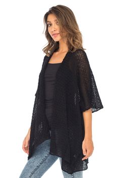 Short sleeve cardigan for women is the perfect go-to when you need a little extra coverage or lightweight shrug layer; so easy to toss on and have on hand for any occasion Open front design is clean and effortless, one size fits S-XL; short sleeve cardigan provides coverage up to 3/4 length on arms and long shrug silhouette covers hips Lightweight cotton cardigan is semi-sheer and breathable, the ideal weight for spring and summer or warm fall days; beautiful textured knit cardigan adds dimensio Casual Black Stretch Cover-up, Black Stretch Casual Cover-up, Black Stretch Spring Cover-up, Black Stretch Cover-up For Spring, Lightweight Casual Cardigan For Spring, Non-stretch Open Front Tops For Layering, One Size Open Front Sweater For Layering, Open Knit Open Front Top For Fall, Open Front Sweater For Layering