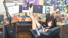 a woman laying on top of a chair in front of a computer desk filled with monitors