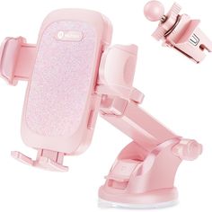 a pink cell phone holder attached to the back of a car mount with a clip on it