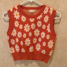 Nwot Size Medium Altar’d State Cute White Knit Top, White Daisy Print Tops For Spring, Casual Knit Tops With Floral Print, Casual Knit Top With Floral Print, White Knit Tops With Floral Print, Retro Knit Tops For Spring, Orange Daisy, Altard State, Knit Crop Top