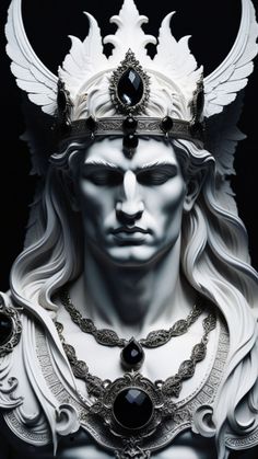 a white statue with wings and jewels on it's head, in front of a black background