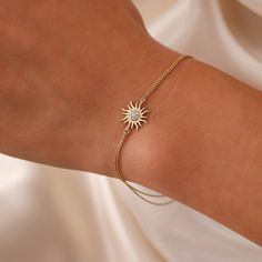 Tiny Sun Bracelet, 14K Real Gold Celestial Bracelet, Dainty Custom Sun Bracelet, Minimalist 14K Gold Sun Bracelet, Summer Jewelry, Gift For Her, Anniversary Bracelet, Birthday Gift, Christmas Gift, Solid Gold Bracelet, Minimalist Gold Bracelet, Wedding Bracelet, Valentine's Day Gift "Material: SOLİD GOLD (No Gold Filled Or No Gold Plated)" "KARAT: 14K (585) "Bracelet Length: 14,5 MM "Bracelet Width: 11,7 MM "Available Gold Color: (Yellow Gold, White Gold, Rose Gold) "The certificate will be sent Gold Sun Bracelet, Anniversary Bracelet, Celestial Bracelet, Sun Bracelet, Simple Jewellery, Bracelet Summer, Solid Gold Bracelet, Bracelet Minimalist, Bracelet Wedding