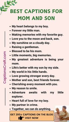 the best captions for mom and son are shown in this card with an image of two