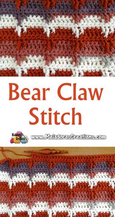 a red, white and blue crocheted blanket with the words bear claw stitch on it