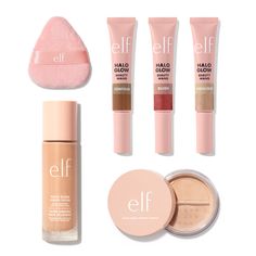 Glow All Out - Halo Glow Makeup Bundle | e.l.f. Cosmetics Types Of Makeup Products, Makeup Products Elf, Dream Makeup Products, Best Makeup Base, Elf Halo Glow Setting Powder, Elf Halo Glow Blush, Elf Halo Glow