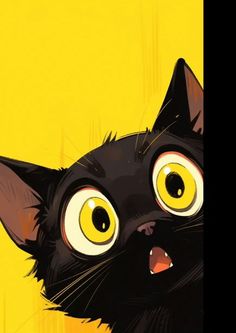 a black cat with big yellow eyes looking up at something in the air above its head