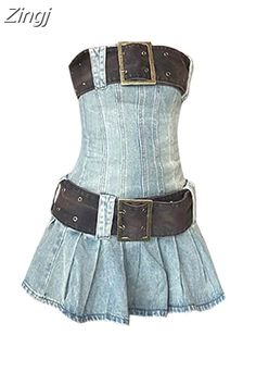 a women's denim corset with leather straps and buckles on the waist