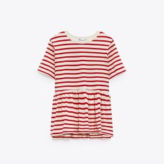 Red Cream Striped Print Zara Peplum Ruffle Hem Short Sleeve T-Shirt Top Casual Short Sleeve Top With Ruffle Hem, Summer Crew Neck Blouse With Ruffle Hem, Red Summer Crew Neck Blouse, Red Crew Neck Blouse For Summer, Summer Short-sleeve Top With Ruffle Hem, Summer Short Sleeve Top With Ruffle Hem, Casual Short Sleeve Blouse With Ruffle Hem, Casual Cotton Peplum Top, Casual Crew Neck Top With Ruffle Hem