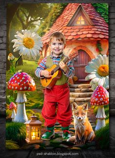 a little boy that is holding a guitar in front of some flowers and mushroom houses