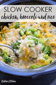 slow cooker chicken, broccoli and rice in a blue casserole dish