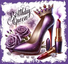 a purple high heeled shoe with lipstick and roses on it, surrounded by diamonds