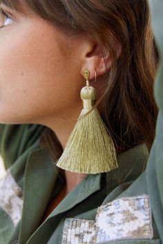 FINAL SALE Life is short. More is more. Introducing the Majors: an oversized, luxe version of our best-selling tassel earrings. These babies are begging to be worn on the dance floor or to a cocktail party. Metallic champagne thread shines in the light (or under a disco ball). They pack the punch of a big statement earring, without weighing down your ears. Featherlight and kinda fancy. Dress them up or down. Details: Featherlight polyester tassel. Thread is stiff and holds its shape well. 14 kar Chic Tassel Earrings For Party, Party Tassel Earrings With Fringe, Chic Gold Tassel Earrings For Party, Tassel Earrings For Wedding, Chic Tassel Earrings With Fringe For Party, Elegant Tassel Earrings For Spring, Elegant Summer Tassel Earrings For Party, Chic Summer Tassel Earrings For Party, Fringe Earrings For Spring Party