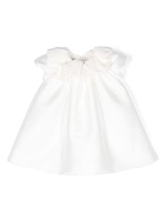 white satin finish two-tone design pleat detailing velvet scallop collar short puff sleeves flared puffball hem full lining White A-line Puff Sleeve Dress For Evening, White Satin Dress With Pleated Bodice, Elegant Dresses With Pleated Bodice For Dress-up, Elegant Dresses With Pleated Bodice For Formal Occasions, Elegant Ruffled Baptism Dress For Party, Satin Ruffled Dress For Dress-up, Satin Ruffled Dress For Dress-up Occasions, White Spring Dresses With Satin Bow, White Spring Dress With Satin Bow