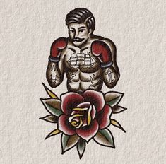 a drawing of a man with boxing gloves and a rose on his chest is shown