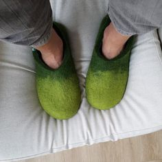 Felt slippers made in two shades of green sheep wool on the outside with yellow on the inside.These womens house shoes in ombre green will bring the freshness of spring inside your home.  At Wooppers we make boiled wool slippers / wool clogs in environment conscious manner. Ours are health slippers that will massage your feet gently in a most comfortable way. Find more about the benefits of wearing Wooppers here---->https://www.etsy.com/shop/Wooppers?ref=hdr_shop_menu#aboutSIZESPLEASE INDICAT Comfortable Green Indoor Slippers, Green Comfortable Slippers With Round Toe, Green Slip-on Slippers With Soft Sole, Casual Green Slippers With Soft Sole, Comfortable Green Closed Toe Slippers, Green Casual Indoor Slippers, Wool Clogs, Ombre Green, Felt Slippers