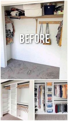 before and after photos of an organized closet with clothes hanging on shelves, carpeted flooring and open shelving