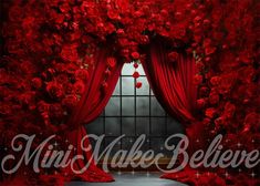 red roses are on display in front of a window with the words, make believe