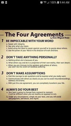 the four agreements are written on a sign in front of a black background with white writing